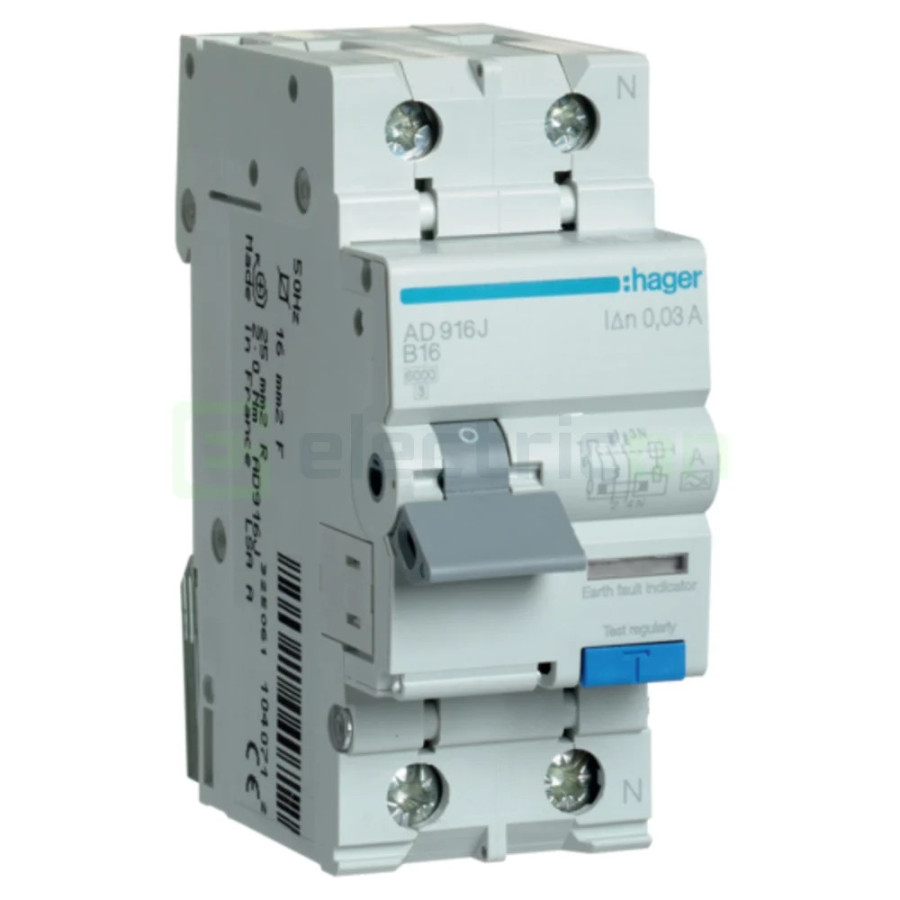 RCBO - Siguranță automată - Disjunctor cu protecție diferențială - tip A curba B 16A 30mA 6kA 1P+N 2M Hager AD916J