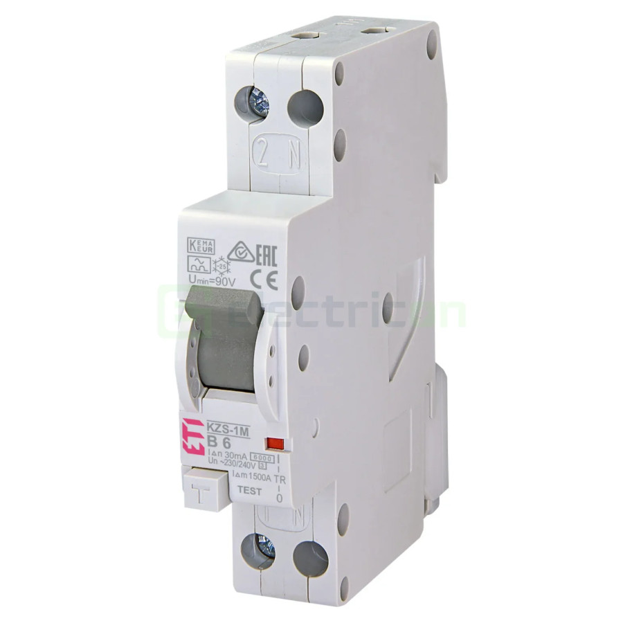 RCBO - Siguranță automată - Disjunctor cu protecție diferențială - tip A curba B 6A 30mA 6kA 1P+N 2M KZS-1M ETI 002175201