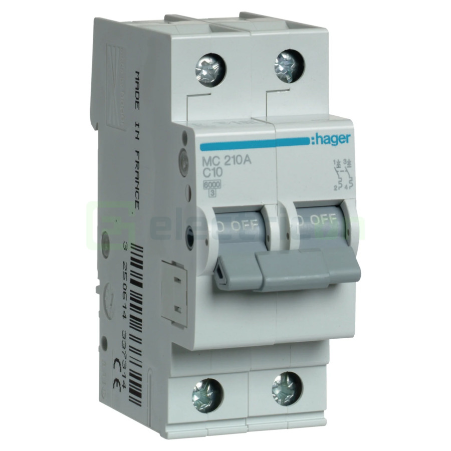 MCB - Siguranță automată - disjunctor - curba C 10A 6kA 2P 2M Hager MC210A