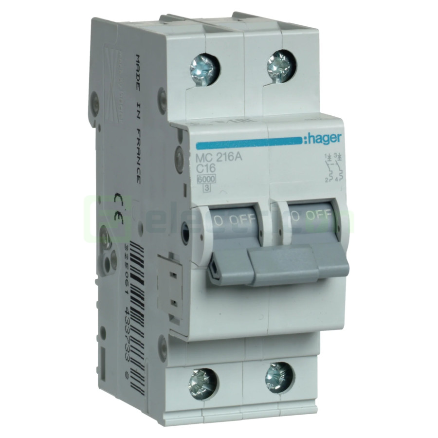 MCB - Siguranță automată - disjunctor - curba C 16A 6kA 2P 2M Hager MC216A