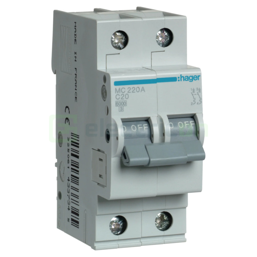 MCB - Siguranță automată - disjunctor - curba C 20A 6kA 2P 2M Hager MC220A