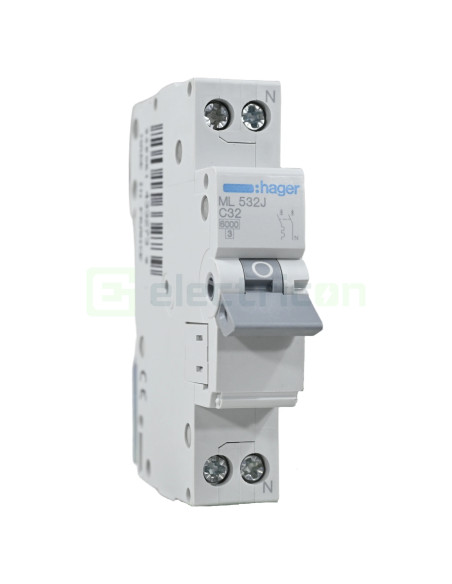 MCB - Siguranță automată - disjunctor - curba C 32A 6kA 1P+N 1M Hager ML532J