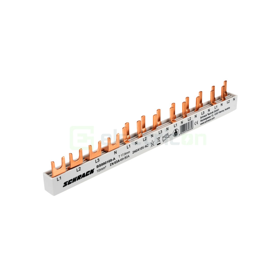 Bareta alimentare (busbar), 1x RCCB 4P, 8 module MCB,1P+N tip pin, 80A, Schrack