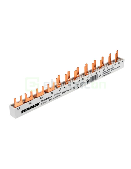 Bareta alimentare (busbar), 1x RCCB 4P, 8 module MCB,1P+N tip pin, 80A, Schrack