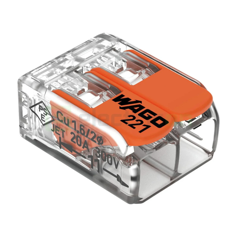Conector Wago 4mm² Clemă legătură doză pentru cablu lițat, 2x4mm², Wago, 221-412 – montaj rapid și sigur în aplicații electrice
