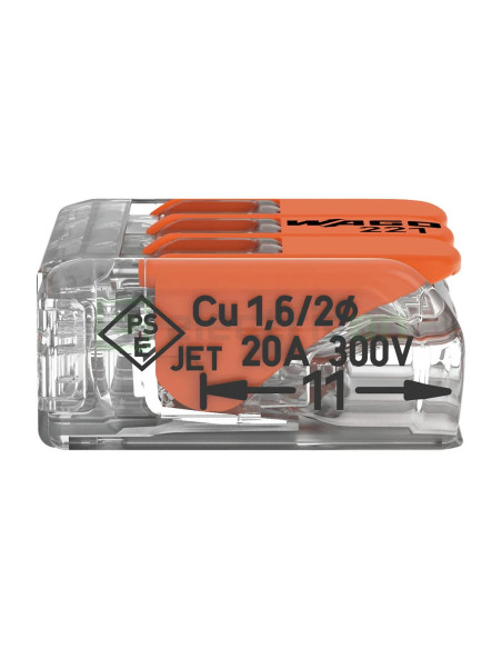 Conector Wago 4mm² Clemă legătură doză pentru cablu lițat, 3x4mm², Wago, 221-413 – montaj rapid și sigur în aplicații electrice