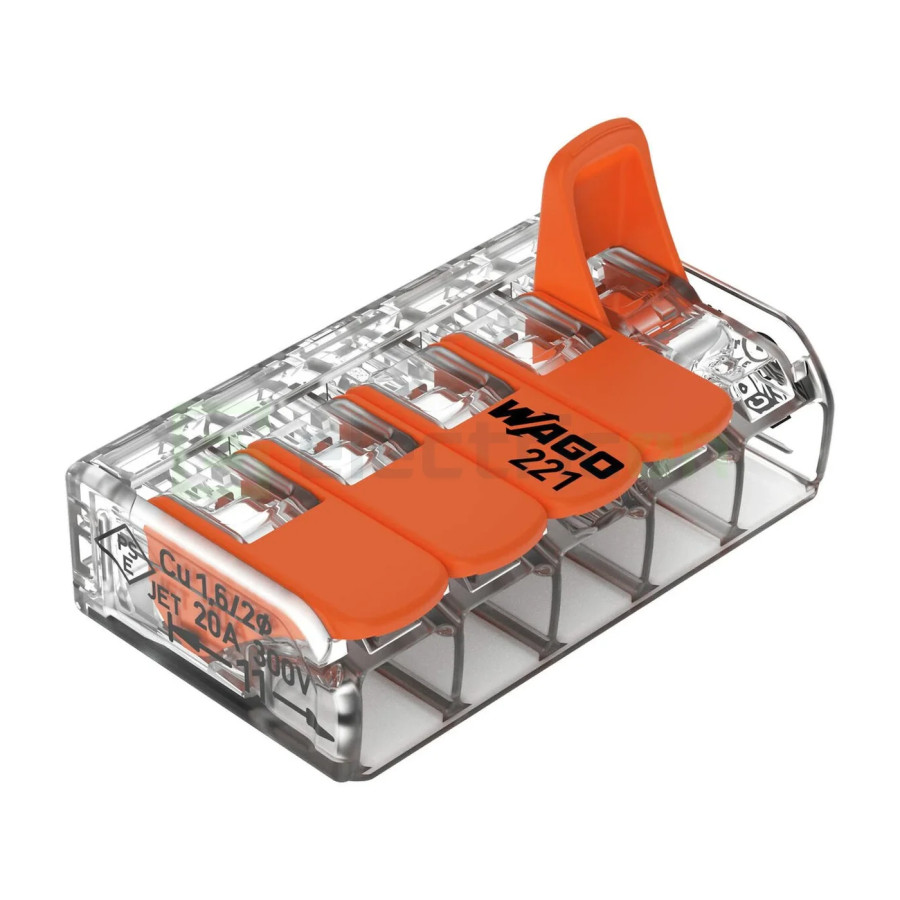 Conector Wago 4mm² Clemă legătură doză pentru cablu lițat, 5x4mm², Wago, 221-415 – montaj rapid și sigur în aplicații electrice