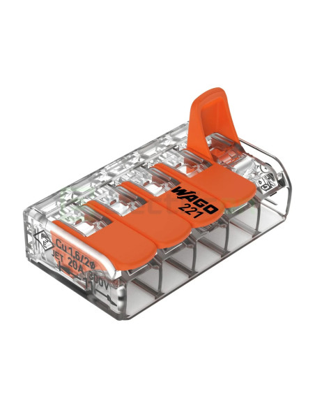 Conector Wago 4mm² Clemă legătură doză pentru cablu lițat, 5x4mm², Wago, 221-415 – montaj rapid și sigur în aplicații electrice