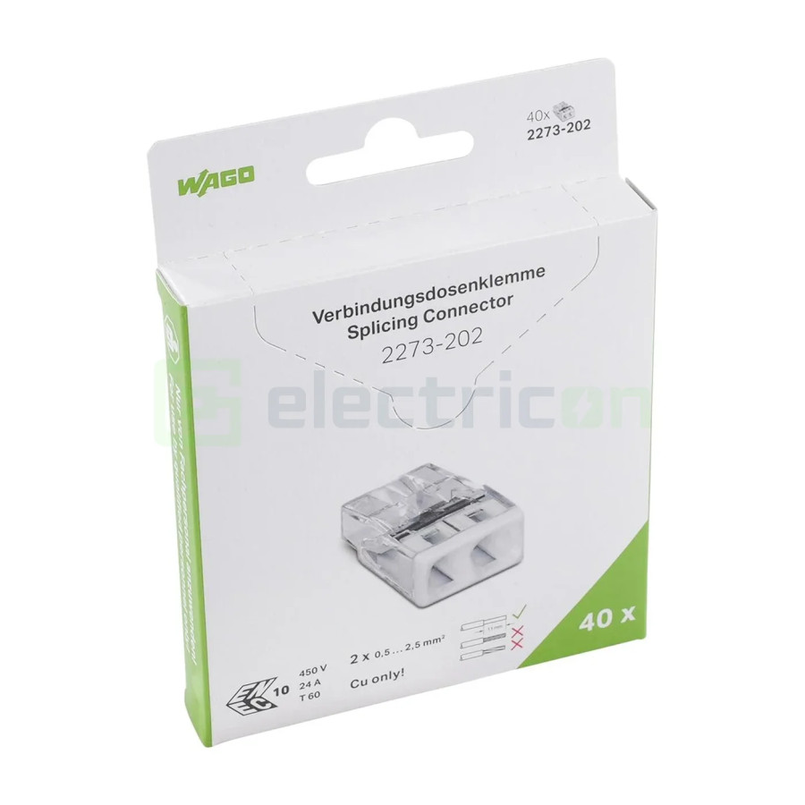 Conector Wago 5mm² Clemă legătură doză, 2x2,5mm², PUSH-Wire, Wago, 2273-202 – montaj rapid și sigur în aplicații electrice diver
