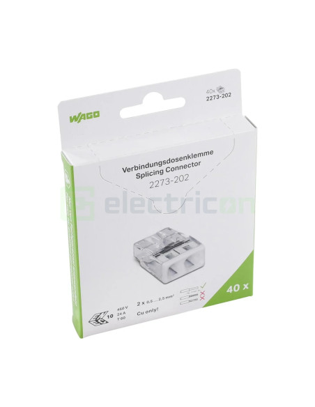 Conector Wago 5mm² Clemă legătură doză, 2x2,5mm², PUSH-Wire, Wago, 2273-202 – montaj rapid și sigur în aplicații electrice diver