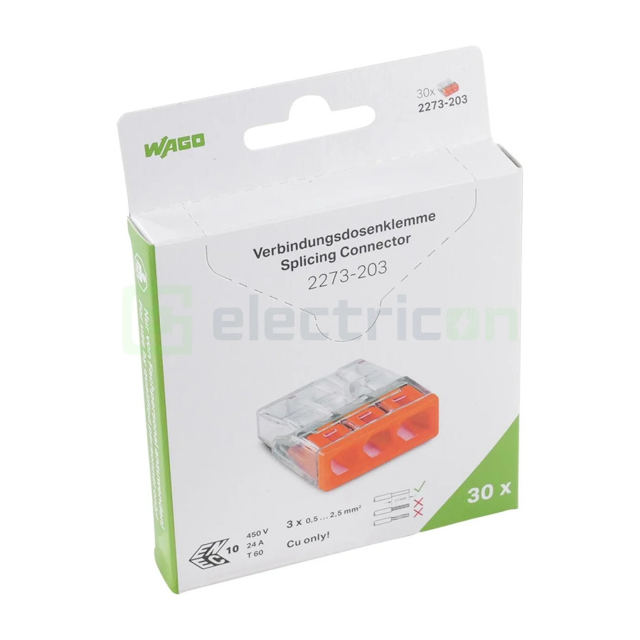 Conector Wago 5mm² Clemă legătură doză, 3x2,5mm², PUSH-Wire, Wago, 2273-203 – montaj rapid și sigur în aplicații electrice diver