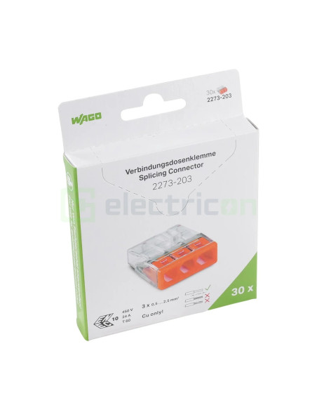 Conector Wago 5mm² Clemă legătură doză, 3x2,5mm², PUSH-Wire, Wago, 2273-203 – montaj rapid și sigur în aplicații electrice diver