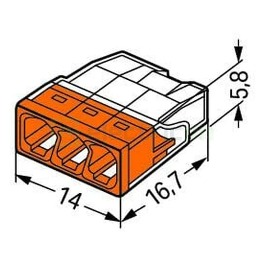 Conector Wago 5mm² Clemă legătură doză, 3x2,5mm², PUSH-Wire, Wago, 2273-203 – montaj rapid și sigur în aplicații electrice diver