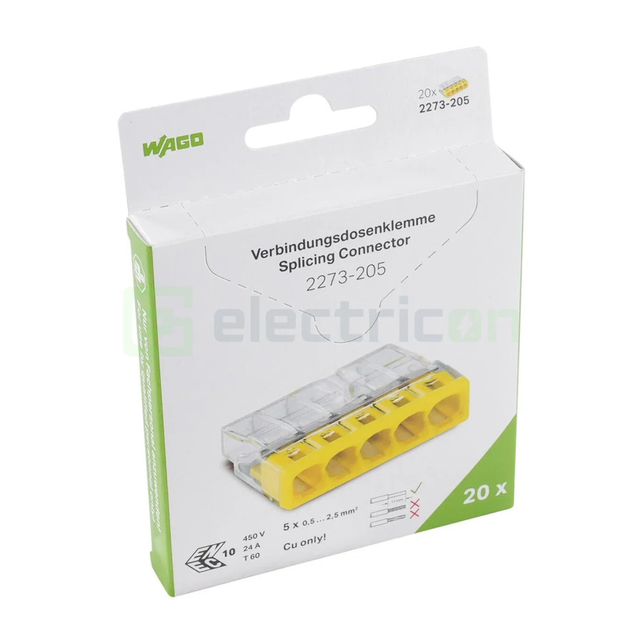 Conector Wago 5mm² Clemă legătură doză, 5x2,5mm², PUSH-Wire, Wago, 2273-205 – montaj rapid și sigur în aplicații electrice diver