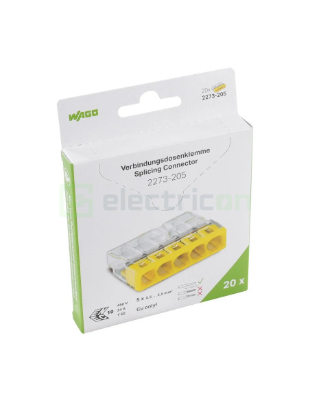Conector Wago 5mm² Clemă legătură doză, 5x2,5mm², PUSH-Wire, Wago, 2273-205 – montaj rapid și sigur în aplicații electrice diver