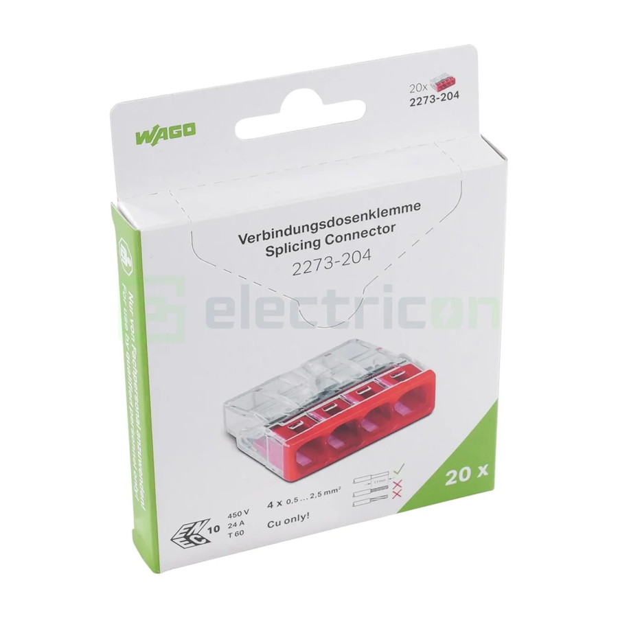 Conector Wago 5mm² Clemă legătură doză, 4x2,5mm², PUSH-Wire, Wago, 2273-204 – montaj rapid și sigur în aplicații electrice diver