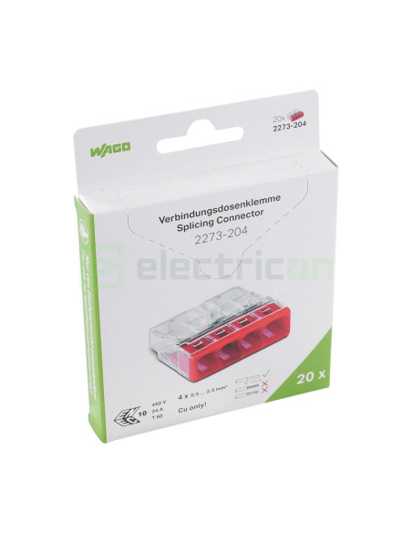 Conector Wago 5mm² Clemă legătură doză, 4x2,5mm², PUSH-Wire, Wago, 2273-204 – montaj rapid și sigur în aplicații electrice diver