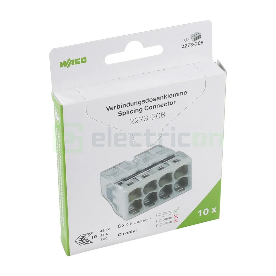 Conector Wago 5mm² Clemă legătură doză, 8x2,5mm², PUSH-Wire, Wago, 2273-208 – montaj rapid și sigur în aplicații electrice diver