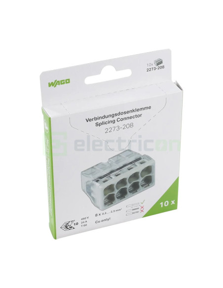 Conector Wago 5mm² Clemă legătură doză, 8x2,5mm², PUSH-Wire, Wago, 2273-208 – montaj rapid și sigur în aplicații electrice diver