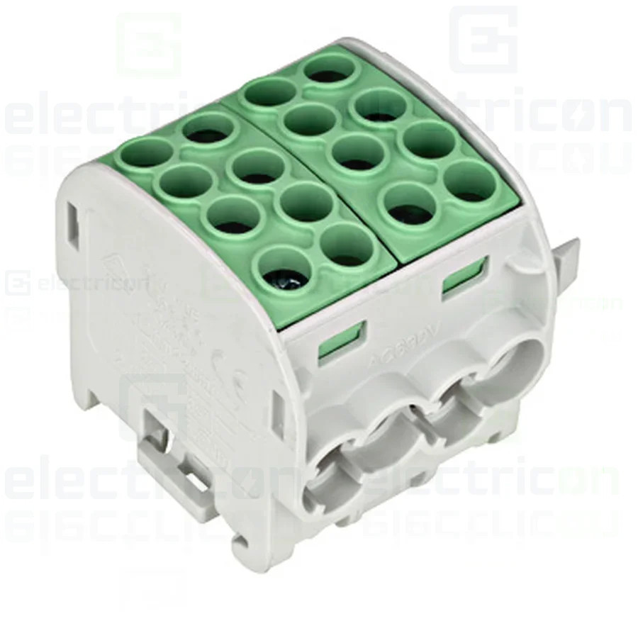 Clemă șir 35mm² Clema derivatie, 35mm²,Cu-Cu, 4 intrari-4 iesiri, galben/verde, Schrack, IK026232 – montaj rapid și sigur în apl