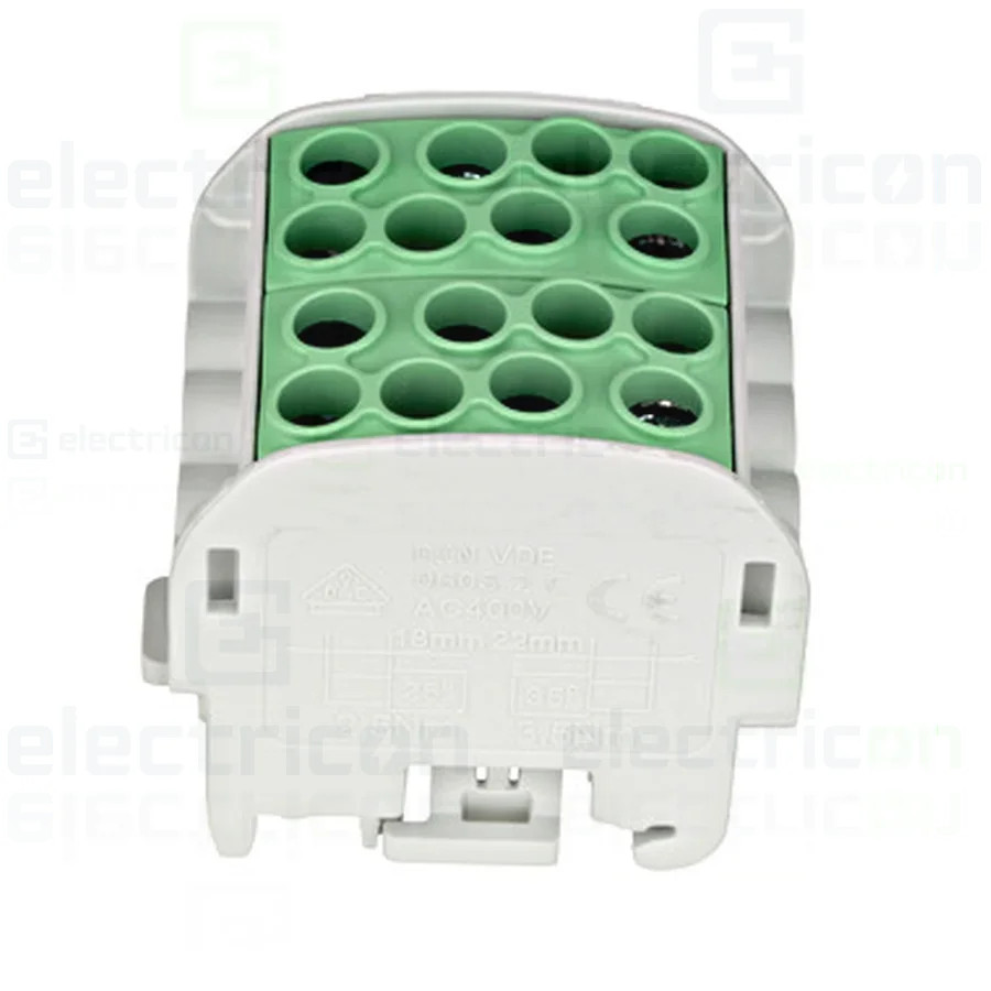 Clemă șir 35mm² Clema derivatie, 35mm²,Cu-Cu, 4 intrari-4 iesiri, galben/verde, Schrack, IK026232 – montaj rapid și sigur în apl