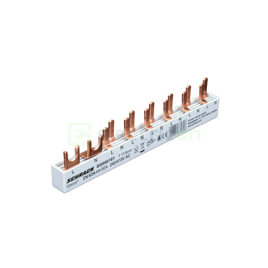 Bareta alimentare (busbar), 1x RCCB 1P+N furca, 6 module MCB,1P+N/2P tip pin, 10mmp, 63A, Schrack