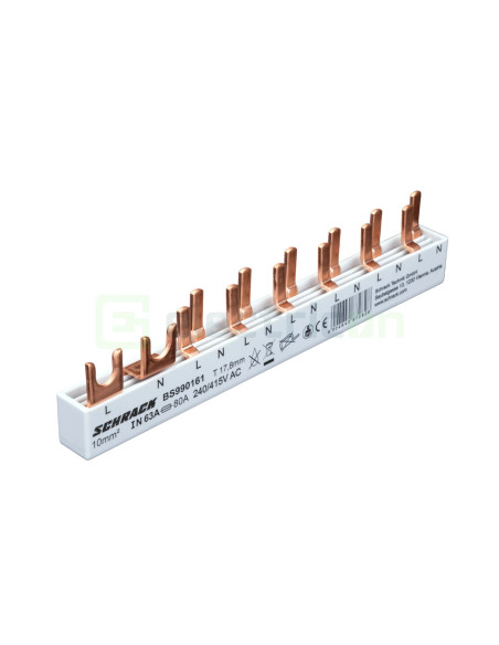 Bareta alimentare (busbar), 1x RCCB 1P+N furca, 6 module MCB,1P+N/2P tip pin, 10mmp, 63A, Schrack