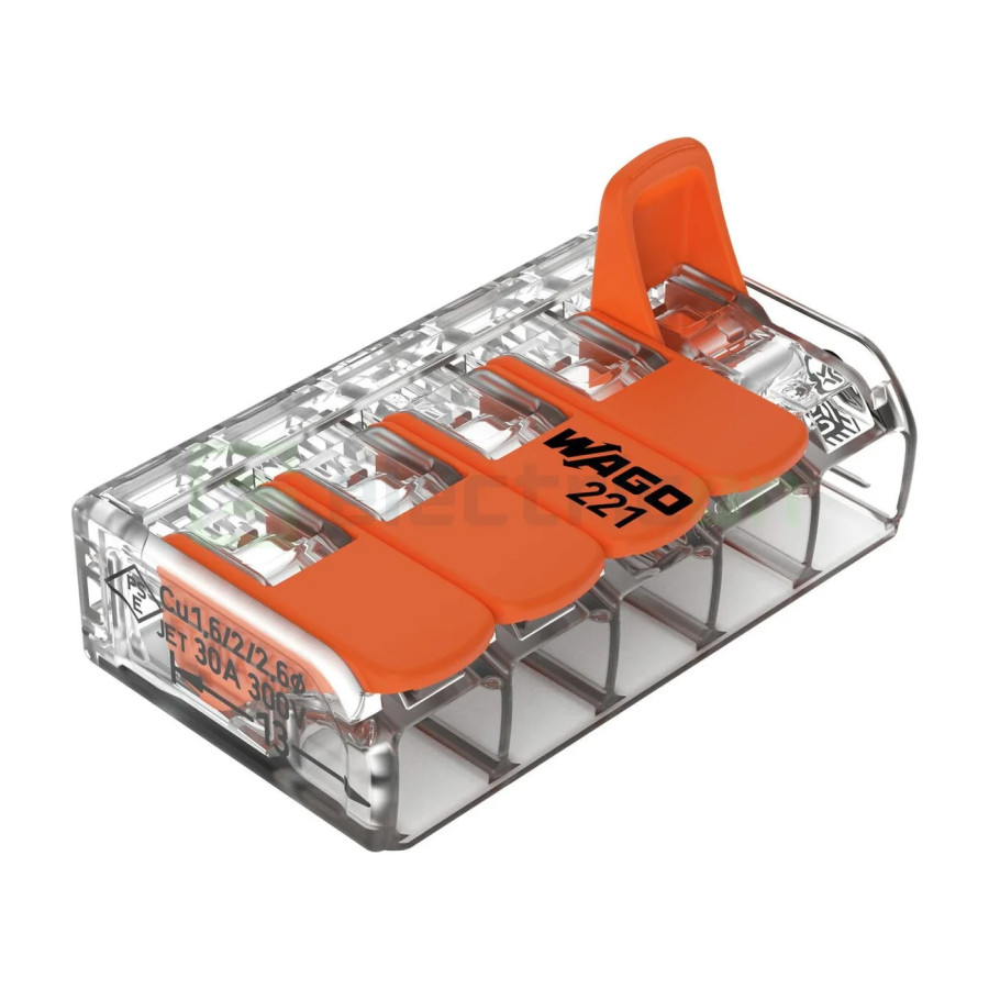 Conector Wago 6mm² Clemă legătură doză pentru cablu lițat, flexibil cu clapetă, 5x6mm², Wago, 221-615 – montaj rapid și sigur în