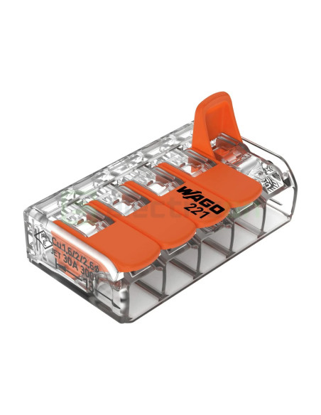 Conector Wago 6mm² Clemă legătură doză pentru cablu lițat, flexibil cu clapetă, 5x6mm², Wago, 221-615 – montaj rapid și sigur în