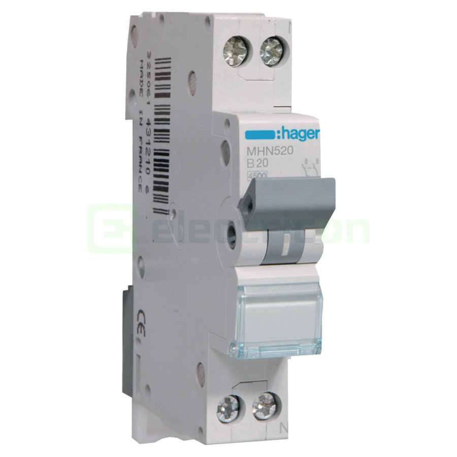 MCB - Siguranță automată - disjunctor - curba B 20A 4.5kA 1P+N Hager MHN520