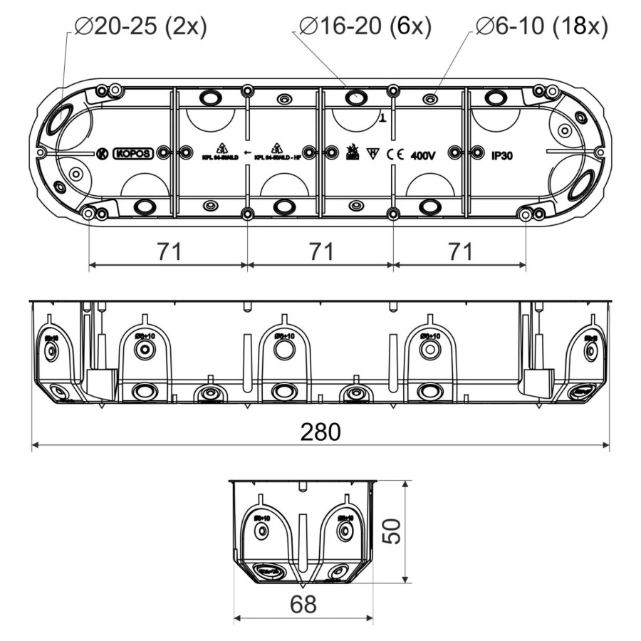 Doza aparataj cu fixare pe gips-carton, IP30, 4 module 64x50, Kopos, KPL 64-50/4LD