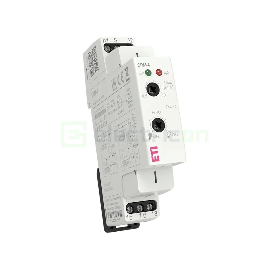 Releu - Comutator crepuscular și automat scară - 230VAC reglabil 0.5s-10min 1ND 16A multifuncțional CRM-4 - ETI - 002470012