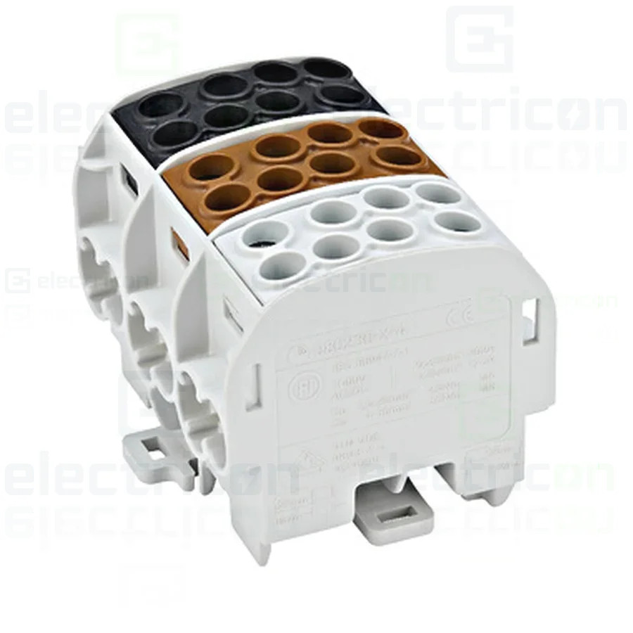 Clemă de derivație 35mm² Clema derivatie 35mm², Cu, 3P, izolate, 4 puncte conectare, Maro, Negru, Gri, Schrack, IK026283-A – mon