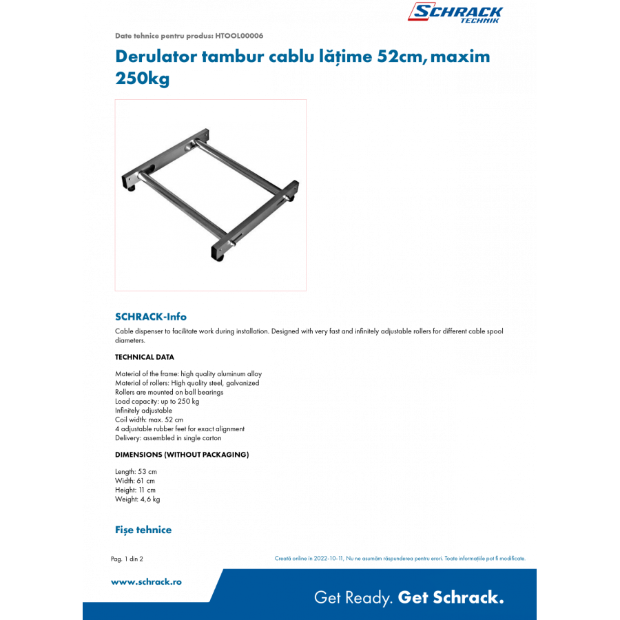 Derulator tambur cablu latime 52cm,maxim 250kg - Electricon.ro