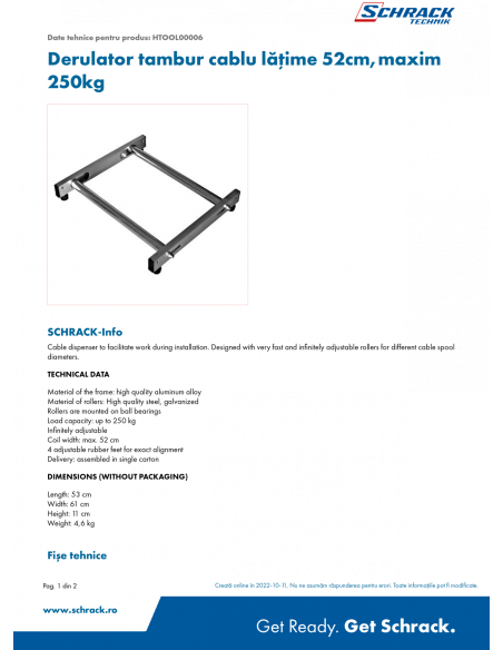 Derulator tambur cablu latime 52cm,maxim 250kg - Electricon.ro