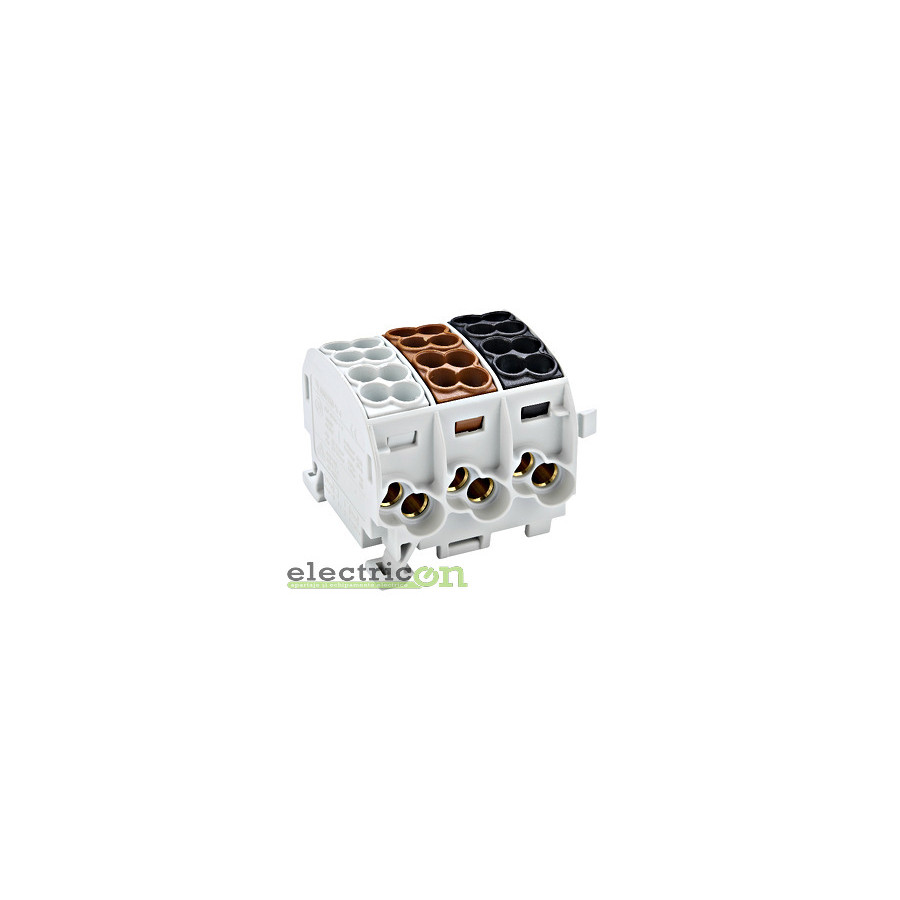 Clemă derivație Cu-Cu - 12 conexiuni 25 mm² gri/maro/negru IK0 - Schrack IK026183-A