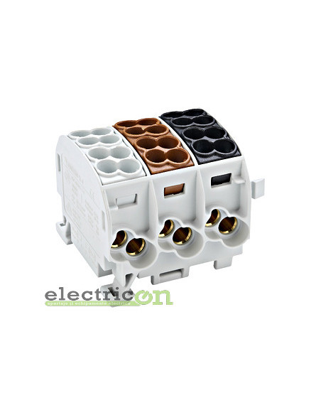 Clemă derivație Cu-Cu - 12 conexiuni 25 mm² gri/maro/negru IK0 - Schrack IK026183-A