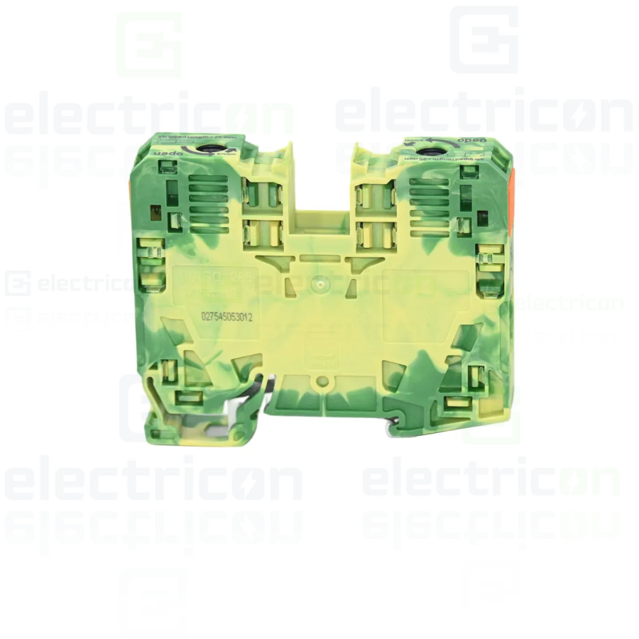 Conector Wago Clema sir WAGO de trecere cu 2 conductori pe sina, 35mm, verde/galben – montaj rapid și sigur în aplicații electri