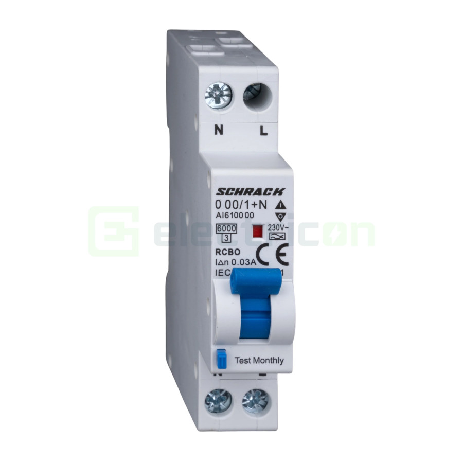 RCBO - Siguranță automată - Disjunctor cu protecție diferențială - tip A curba B 10A 30mA 6kA 1P+N 1M Amparo Schrack AI618510