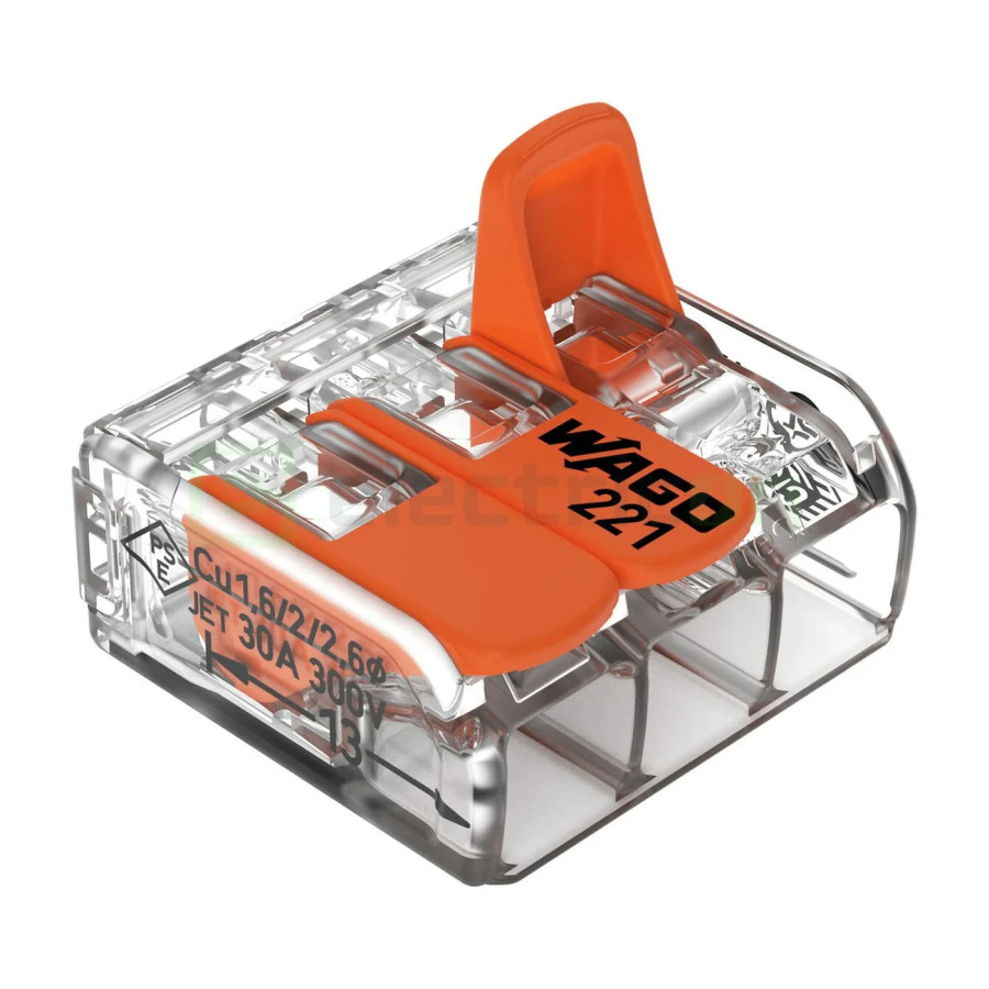Conector Wago 6mm² Clemă legătură doză pentru cablu lițat, 3x6mm², Wago, 221-613 – montaj rapid și sigur în aplicații electrice