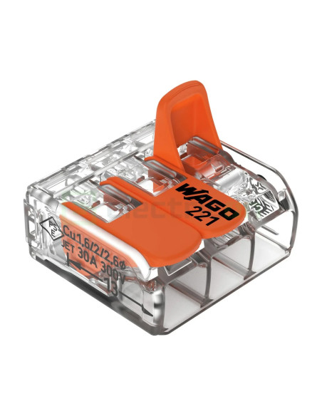 Conector Wago 6mm² Clemă legătură doză pentru cablu lițat, 3x6mm², Wago, 221-613 – montaj rapid și sigur în aplicații electrice