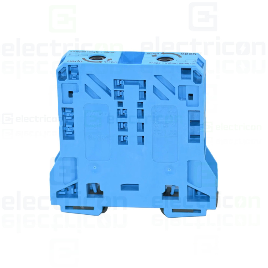 Conector Wago Clema sir WAGO de trecere cu 2 conductori pe sina, 50mm, albastru – montaj rapid și sigur în aplicații electrice d
