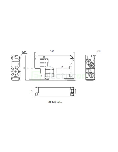 Clemă șir CLEMA DE DERIVATIE, 1 INTRARE 70mm - 4 IESIRI 25mm, GRI – montaj rapid și sigur în aplicații electrice diverse