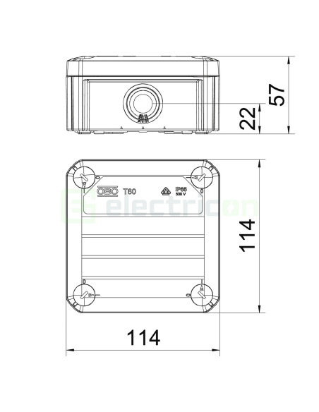 Doza ramnificație, peste tencuială, T60, cu garnitură de etanșare și bloc de cleme, rășină turnată, 100x100x48 mm, OBO Betterman