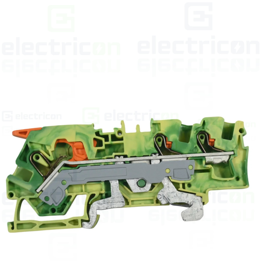 Conector Wago 6 mm² Clema șir, cu pârghie și buton,împământare, 3 conexiuni, 6 mm²,galben-verde,TopJobs Clamp, Wago, 2106-5307 –