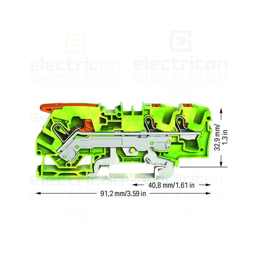Conector Wago 6 mm² Clema șir, cu pârghie și buton,împământare, 3 conexiuni, 6 mm²,galben-verde,TopJobs Clamp, Wago, 2106-5307 –