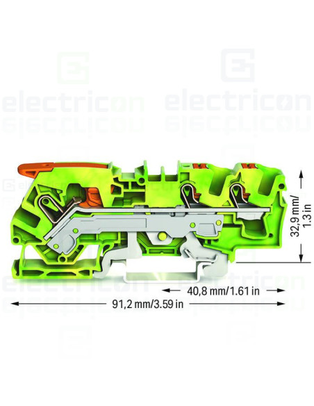 Conector Wago 6 mm² Clema șir, cu pârghie și buton,împământare, 3 conexiuni, 6 mm²,galben-verde,TopJobs Clamp, Wago, 2106-5307 –