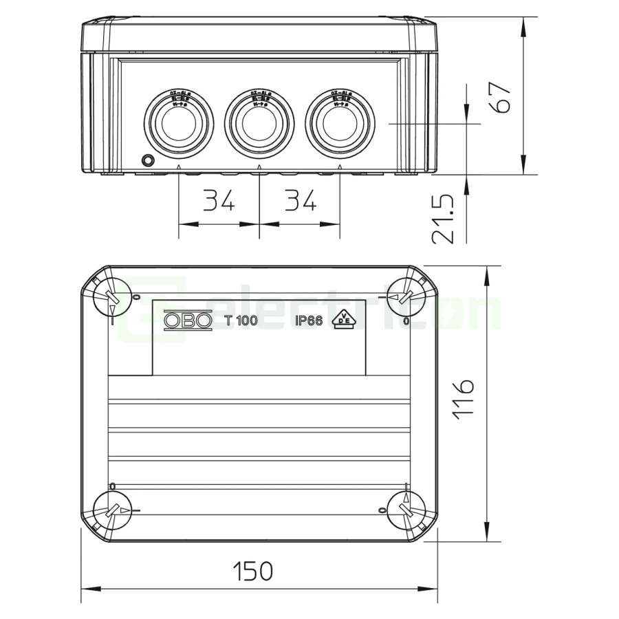 Doza ramnificație, peste tencuială, T 100 RW, 136x102x57 mm, OBO Bettermann, 2007533