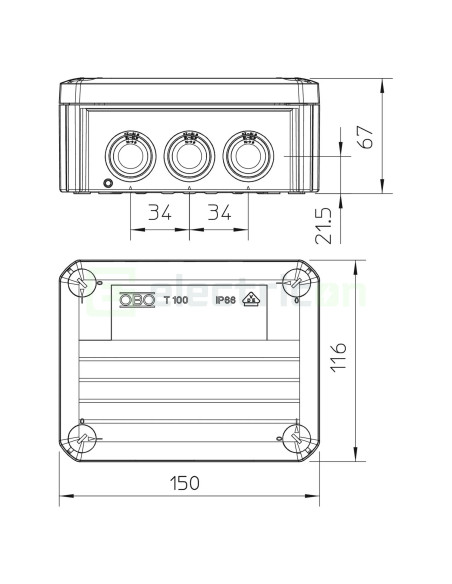 Doza ramnificație, peste tencuială, T 100 RW, 136x102x57 mm, OBO Bettermann, 2007533