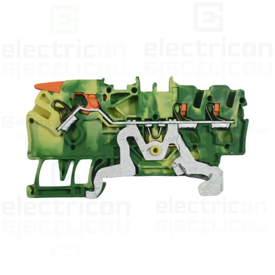 Conector Wago 5 mm² Clema șir, cu pârghie și buton,împământare, 3 conexiuni, 2,5 mm²,galben-verde, TopJobs Clamp, Wago, 2102-530